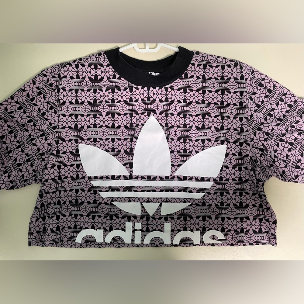 Adidas Originals Loose Fit Crop Top All Over Trefoil Print Purple XS